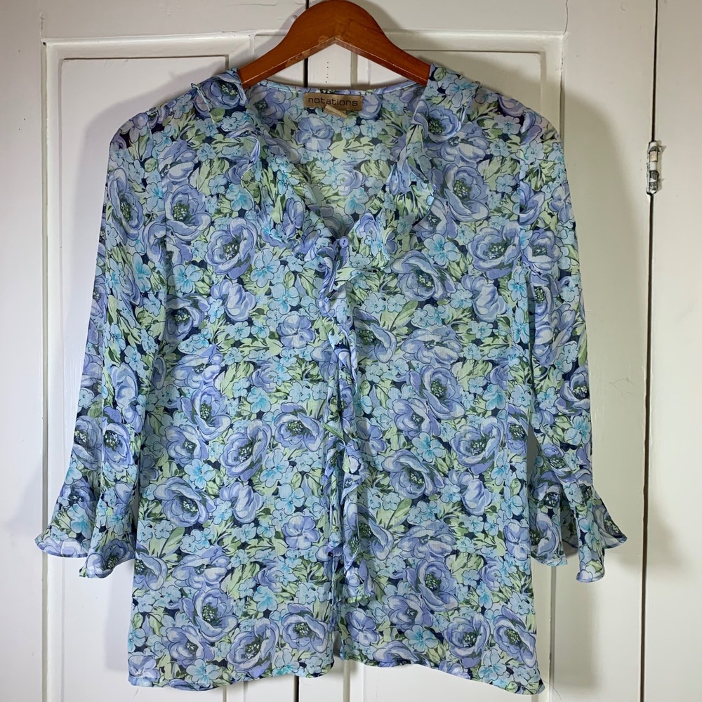 Notations Blue Floral Ruffle V-Neck Chiffon Blouse Small Sheer Feminine Flowy